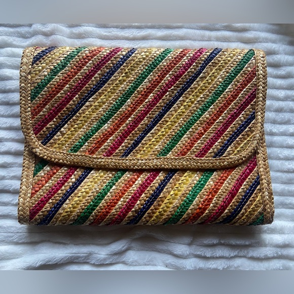 Woven Straw/Jute Multicolored Stripped Bi-Fold Clutch Bag Hong Kong Vintage boho - Picture 1 of 7